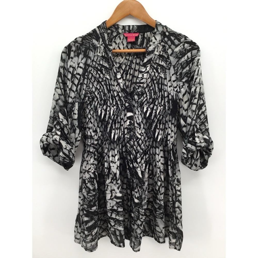 Sunny Leigh Blouse Women's Black White Abstract Blouse Pleated Bobo Peplum EE47